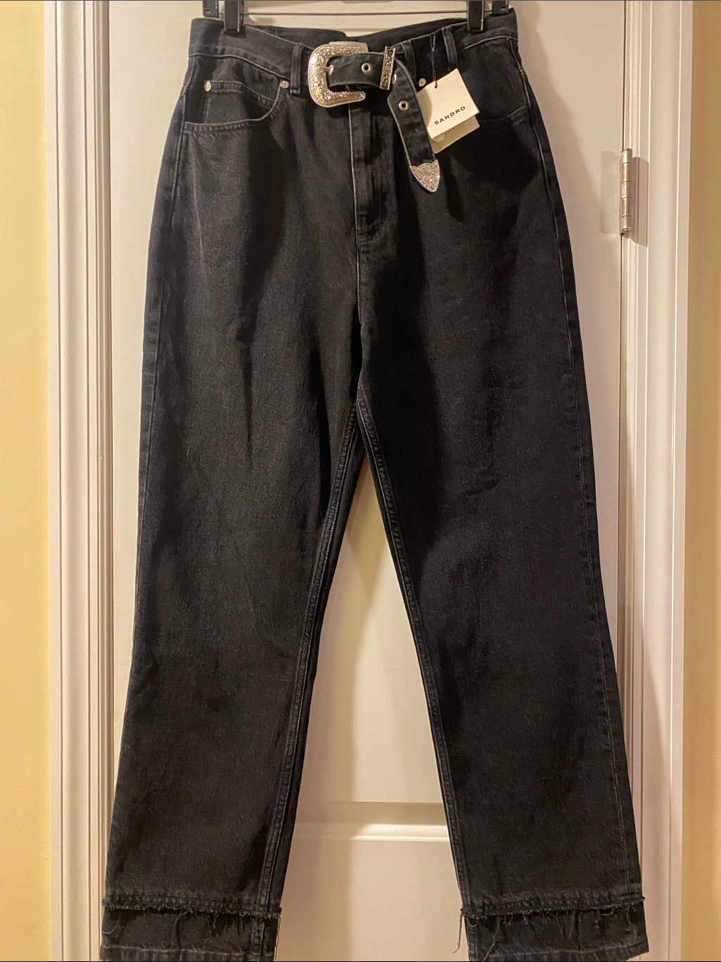 Sandro Black Jeans Shiny Intricate Detail Belt Buckle Distressed Nwt
